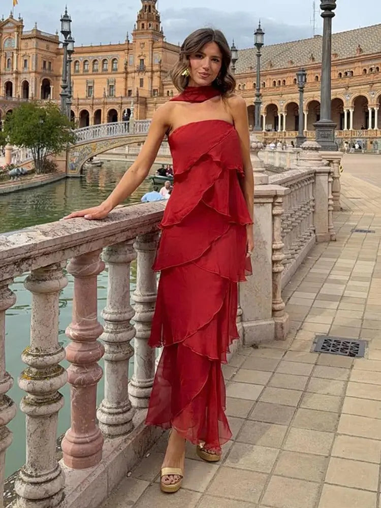 Sara Vestido Maxi Volantes Rojo