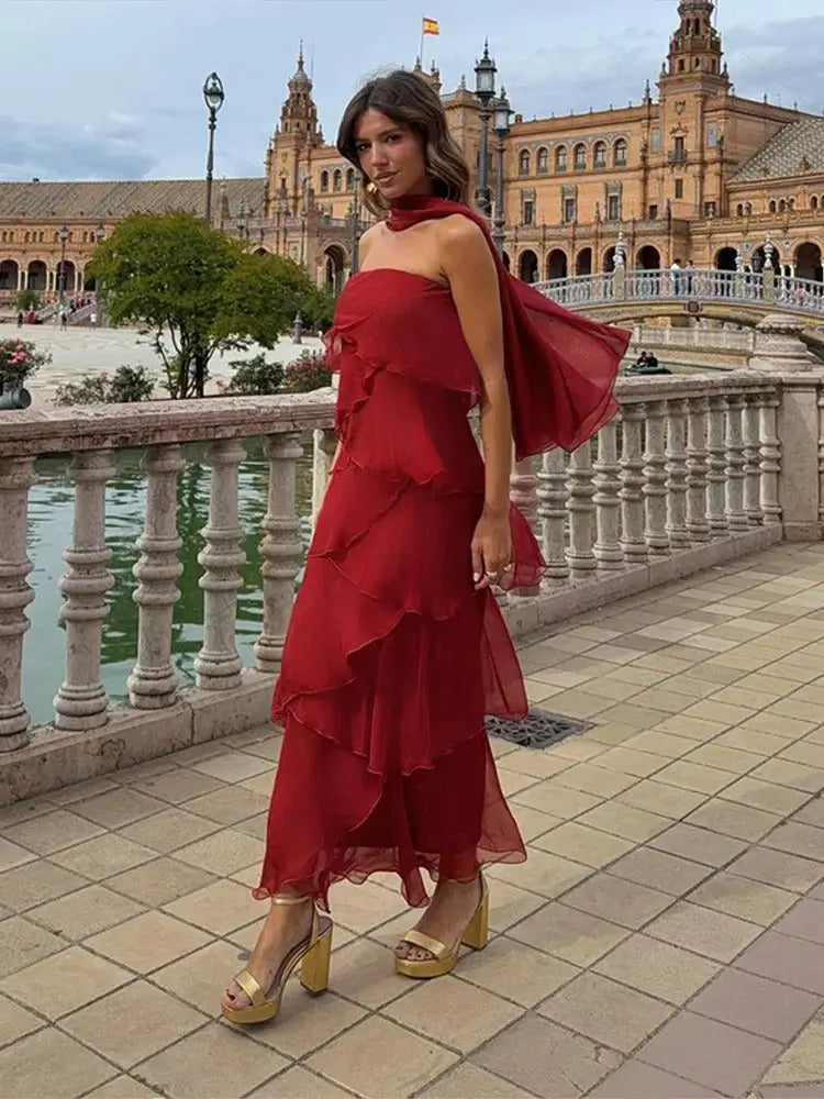 Sara Vestido Maxi Volantes Rojo