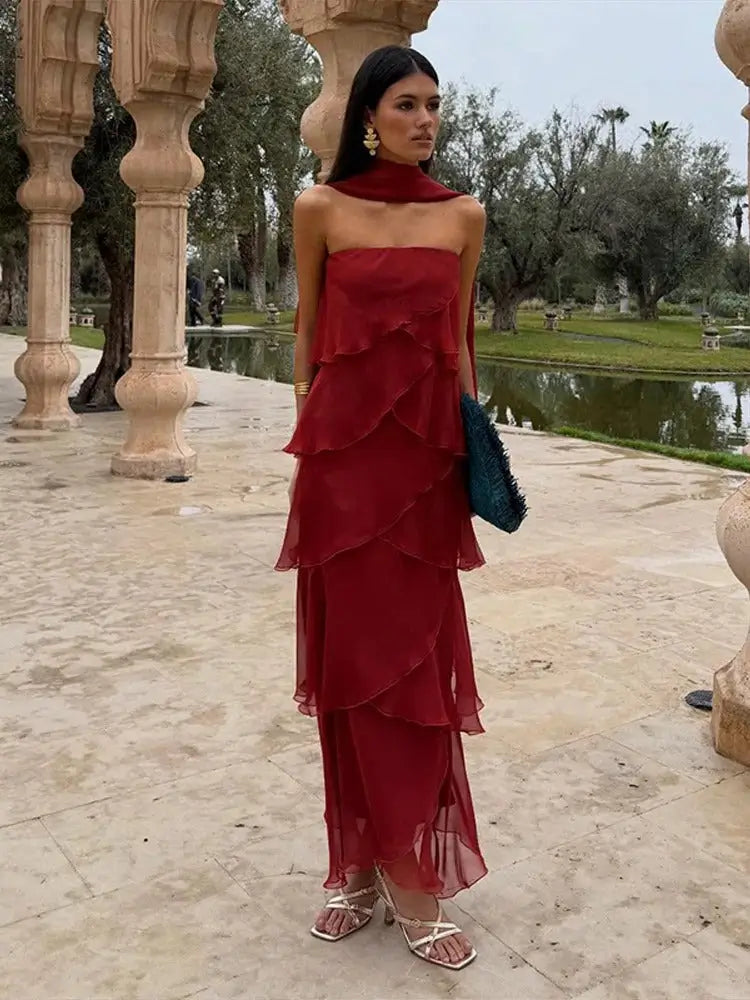 Sara Vestido Maxi Volantes Rojo