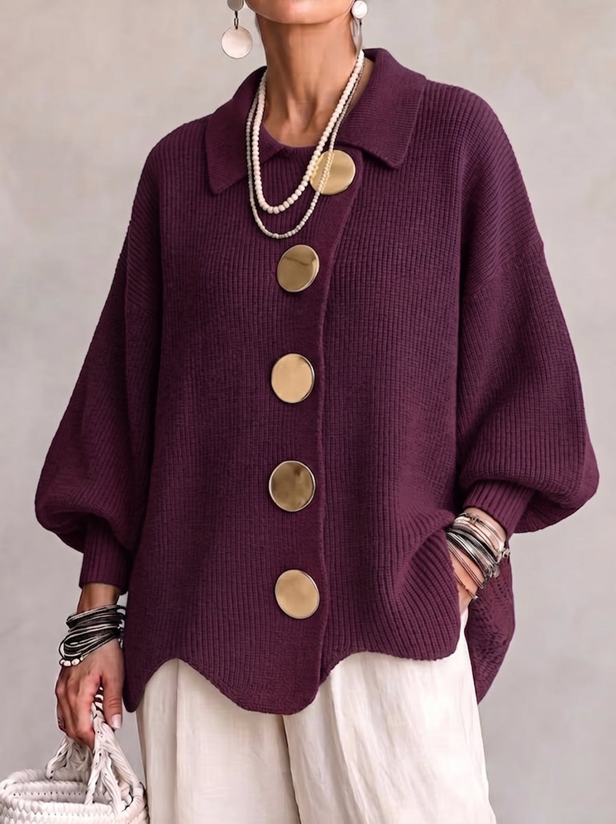 Isadora | Cárdigan Oversize con Cuello y Botones Metálicos