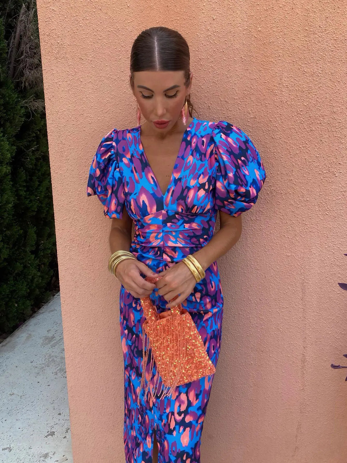 Carla Vestido Midi Estampado con Mangas Abullonadas