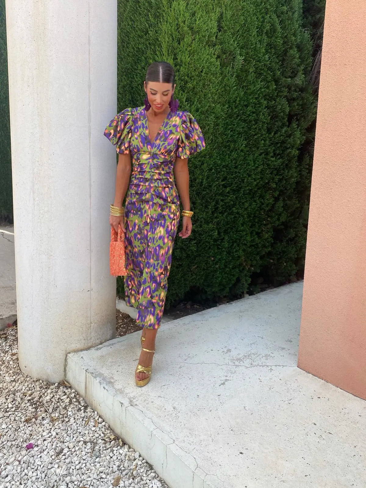 Carla Vestido Midi Estampado con Mangas Abullonadas