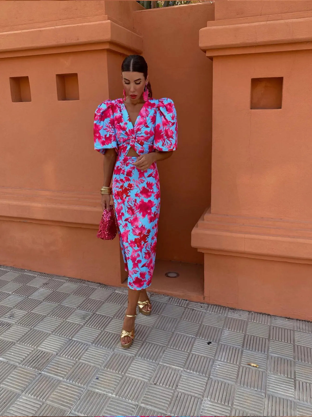 Carla Vestido Midi Estampado con Mangas Abullonadas