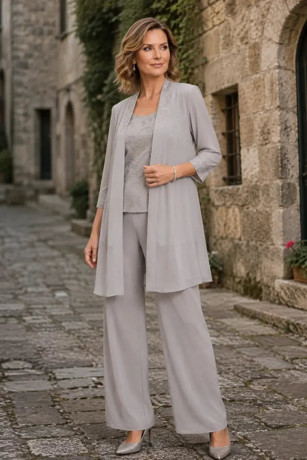 Evelyn Conjunto de Pantalón de Tres Piezas Bordado