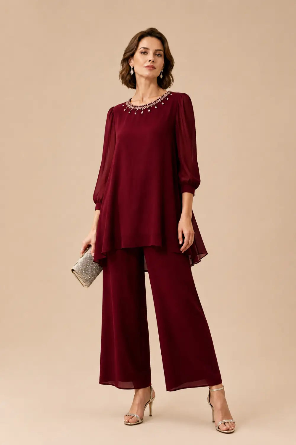 Conjunto de Pantalón de Gasa con Capas y Pedrería, Manga 3/4