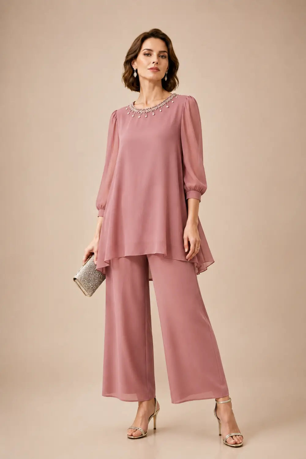 Conjunto de Pantalón de Gasa con Capas y Pedrería, Manga 3/4