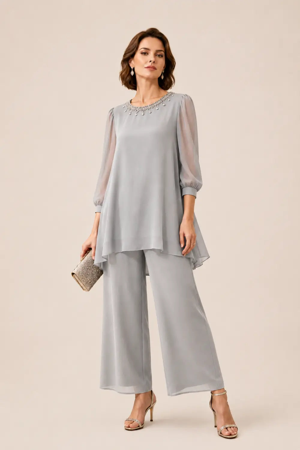 Conjunto de Pantalón de Gasa con Capas y Pedrería, Manga 3/4