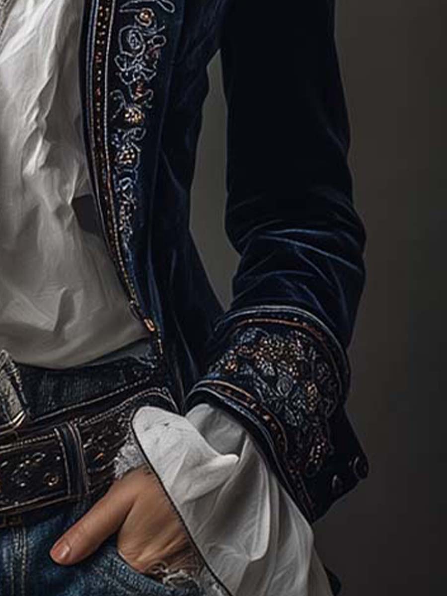 Athénaïs | Chaqueta Larga Azul Marino Bordada Vintage
