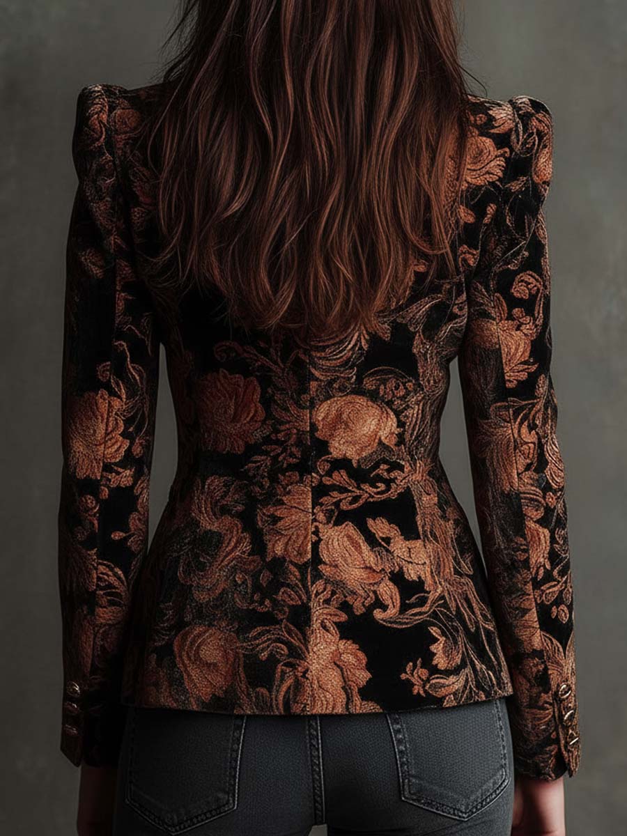 Bertille | Blazer Entallado Estampado Floral Negro y Bronce