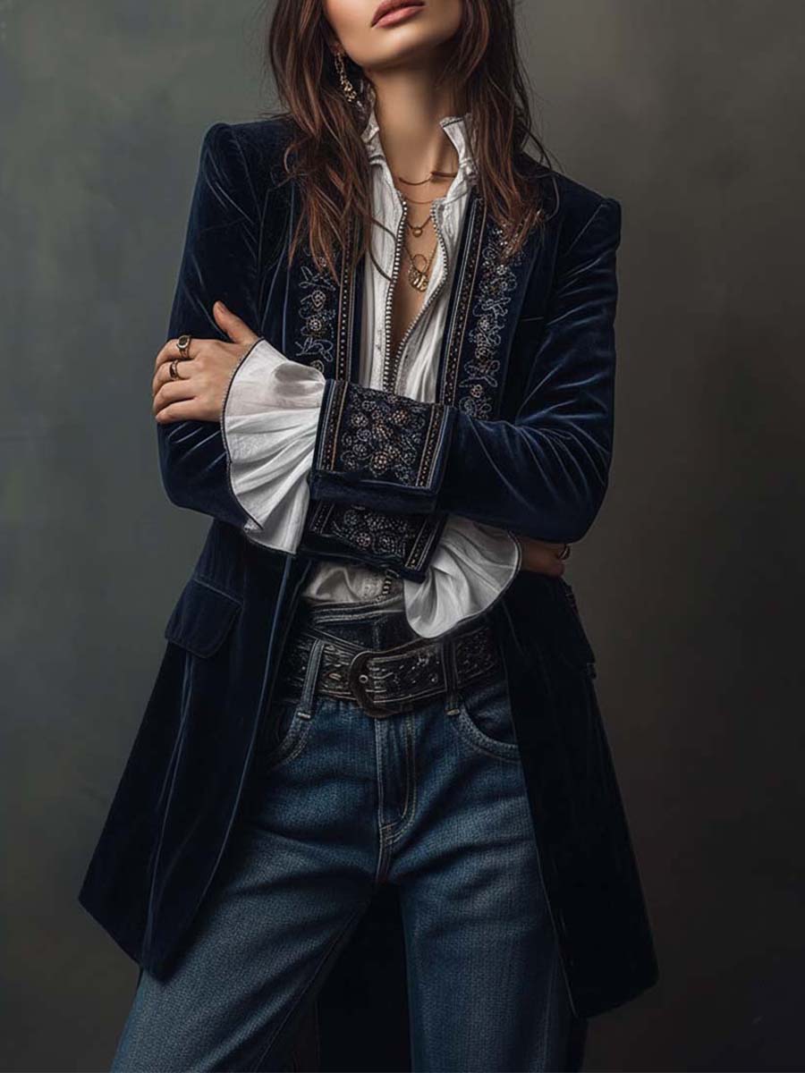 Athénaïs | Chaqueta Larga Azul Marino Bordada Vintage