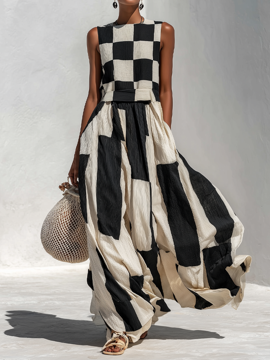 Audrey Vestido Maxi sin Mangas con Paneles en Contraste