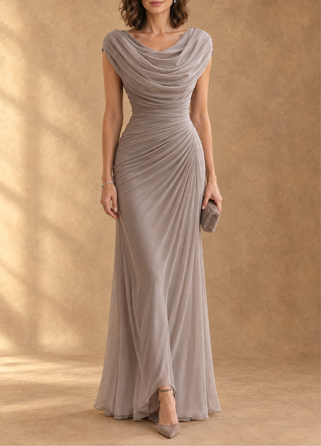 Cynthia Vestido Maxi de Malla Drapeado con Cuello Cowl
