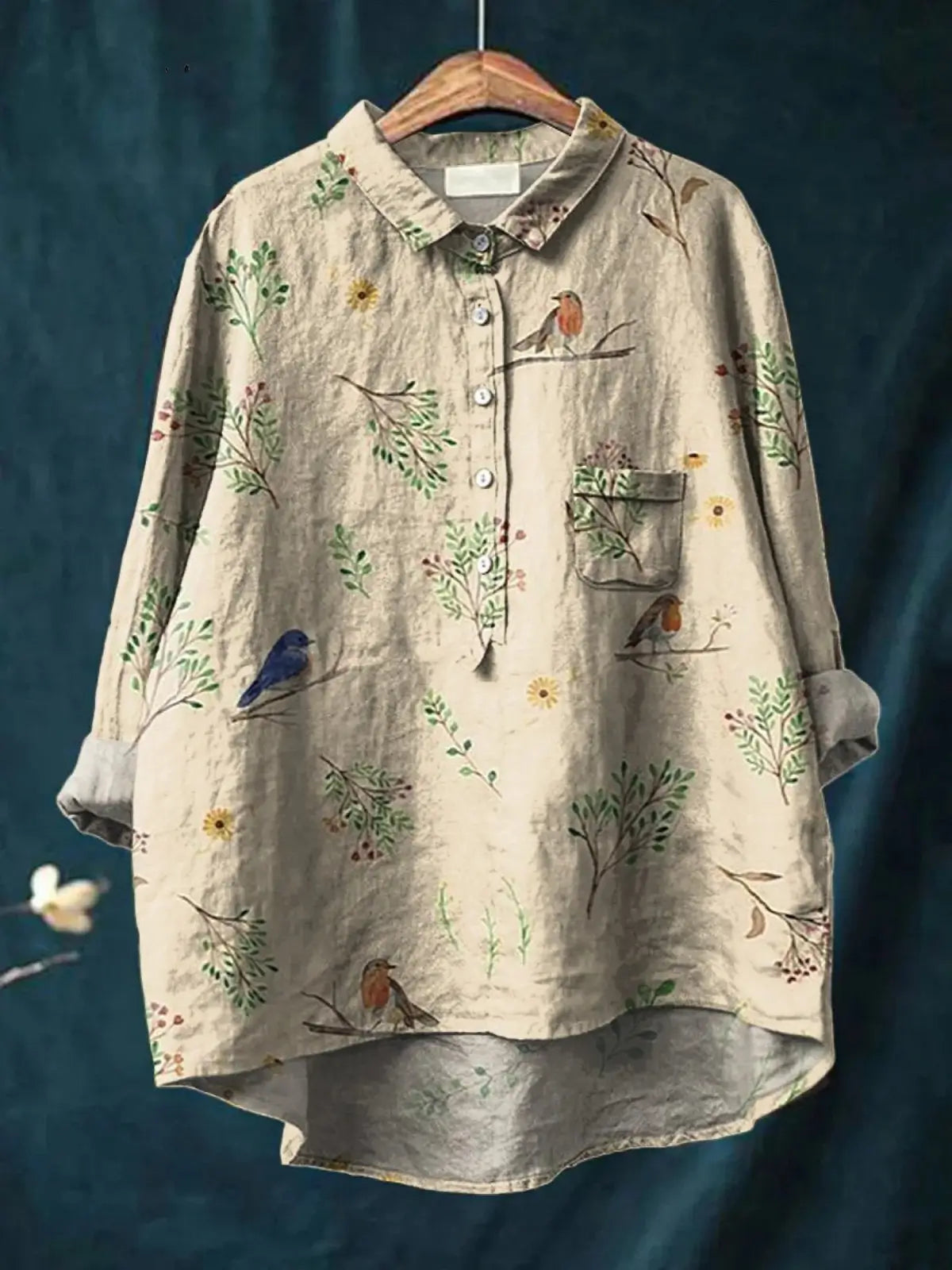 Alice | Camisa Casual para Mujer Estampado de Ramas y Petirrojos