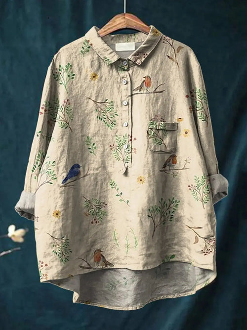 Alice | Camisa Casual para Mujer Estampado de Ramas y Petirrojos