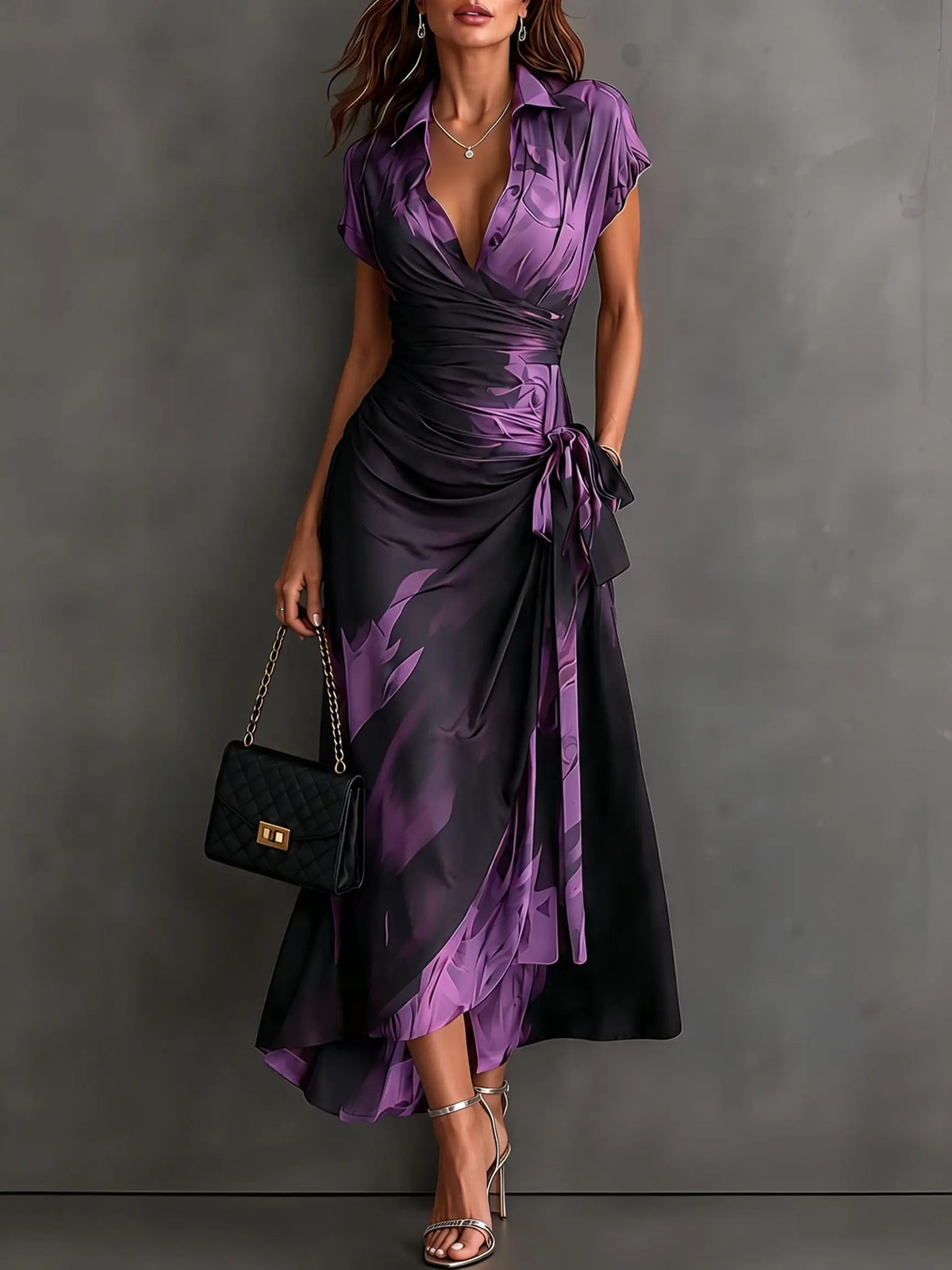 Annika Vestido Midi Cruzado Estampado Acuarela Morado