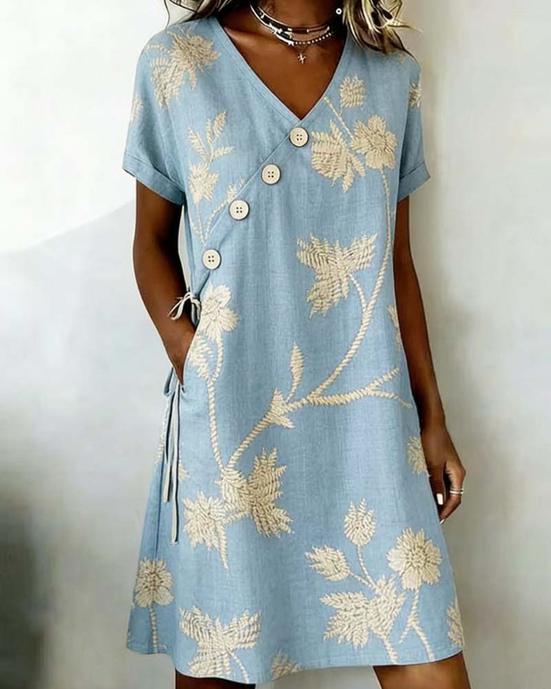 Vestido Mini Estampado con Botonadura Diagonal y Cuello en V