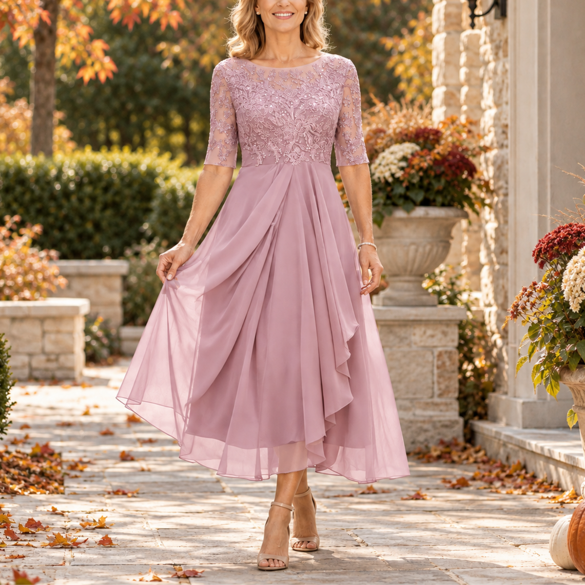 Cassandra Vestido Midi Drapeado con Encaje Rosa