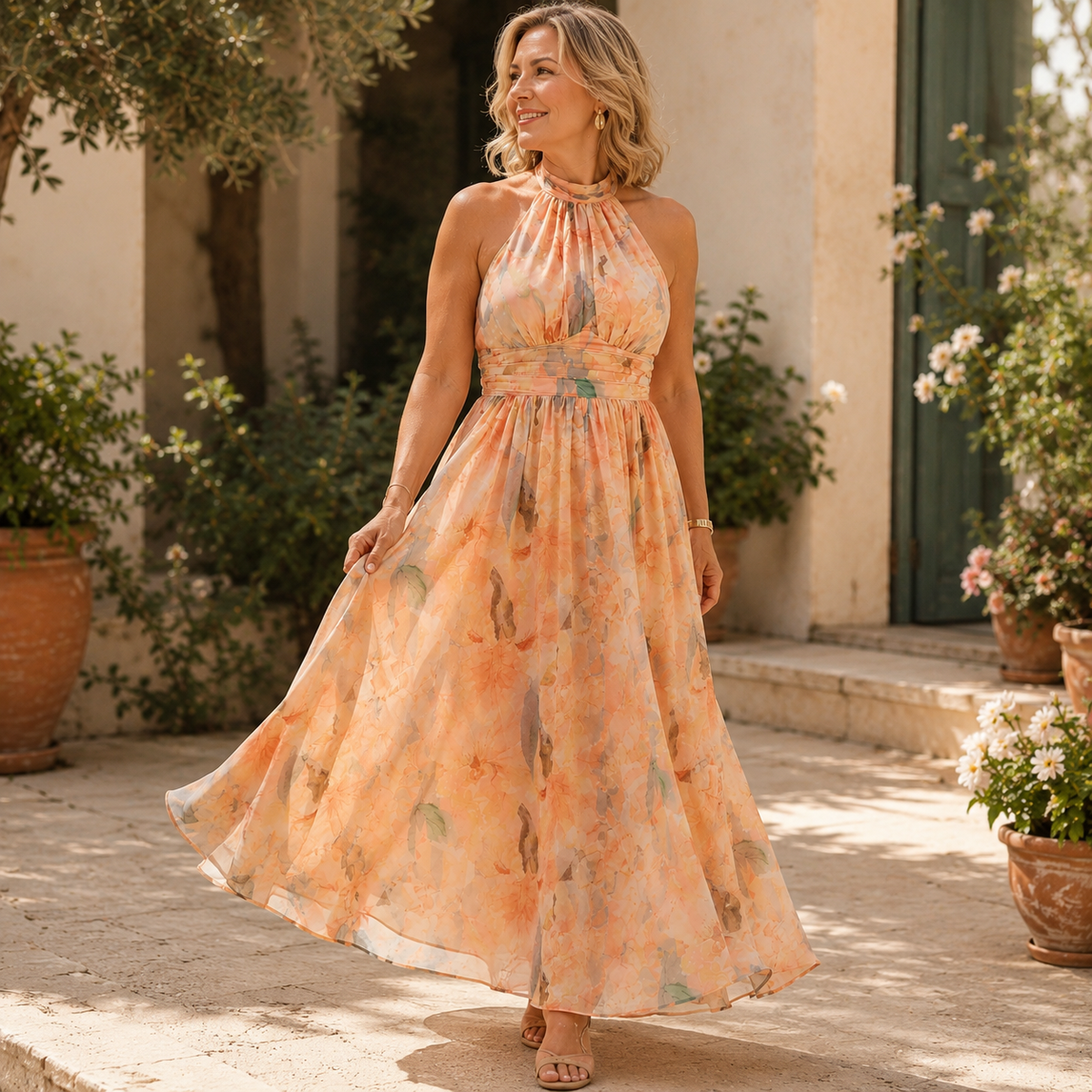 Iselle | Vestido Aurora Cuello Halter Estampado Acuarela