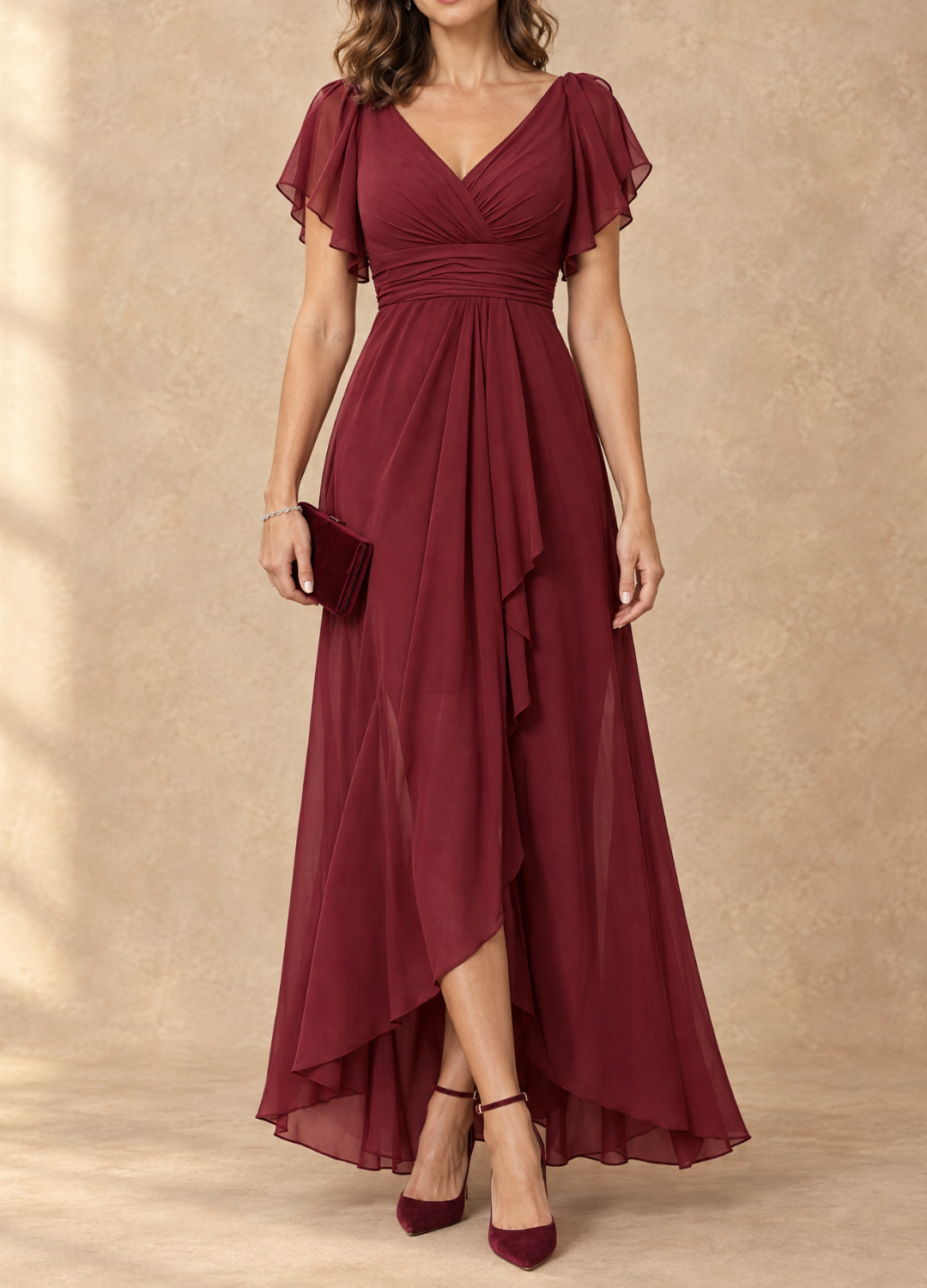 Denise Vestido Maxi de Gasa Asimétrico con Mangas Volantes