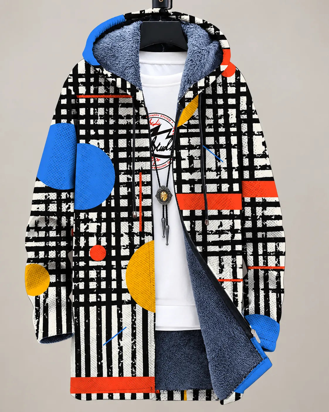 Celeste Chaqueta con Capucha Estampado Artístico Moderno