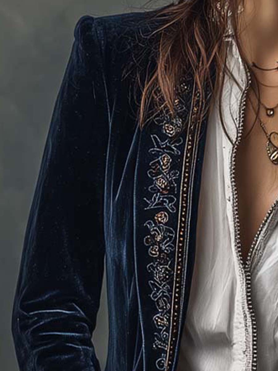 Athénaïs | Chaqueta Larga Azul Marino Bordada Vintage