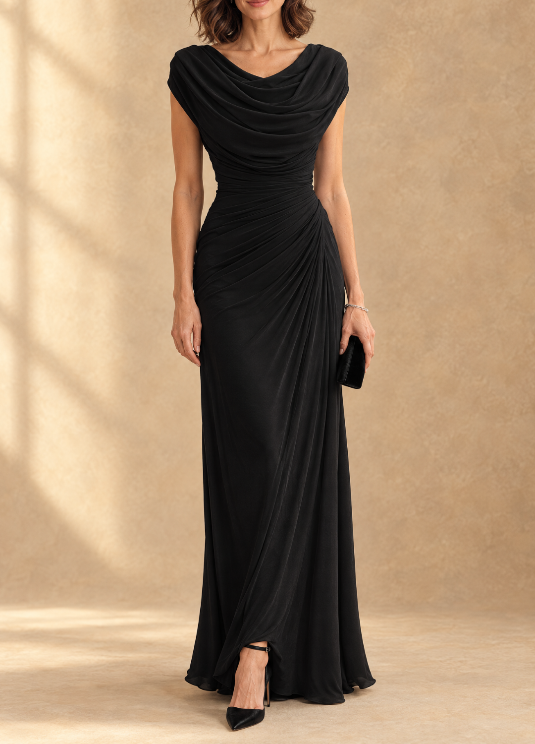 Cynthia Vestido Maxi de Malla Drapeado con Cuello Cowl