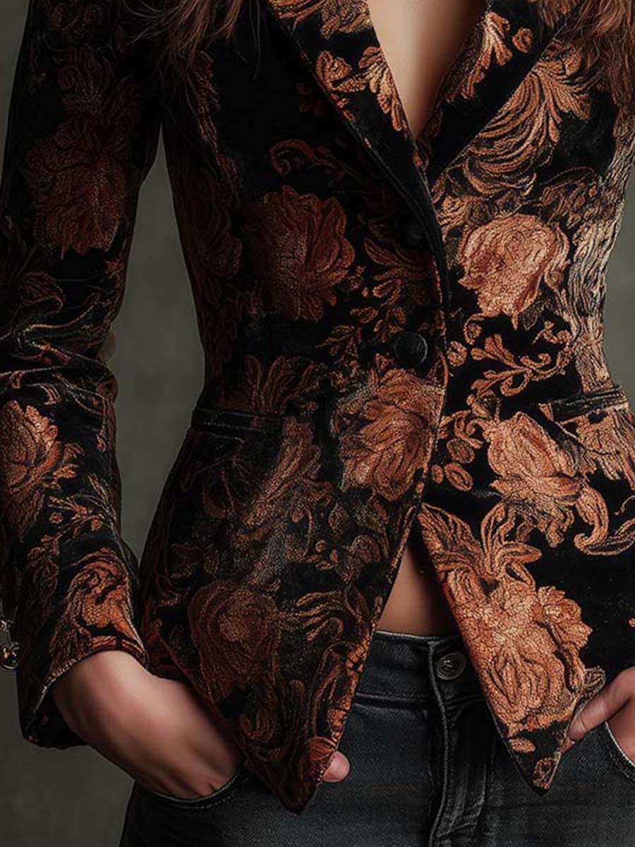 Bertille | Blazer Entallado Estampado Floral Negro y Bronce
