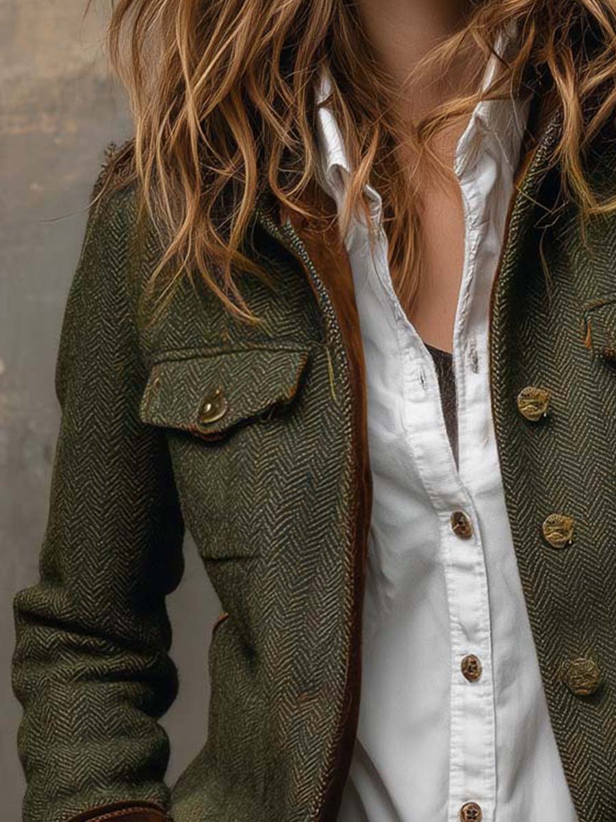 Honorine | Blazer Vintage Chevron con Ribete Contraste