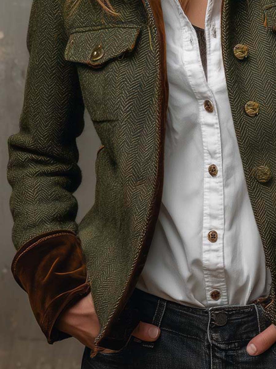 Honorine | Blazer Vintage Chevron con Ribete Contraste