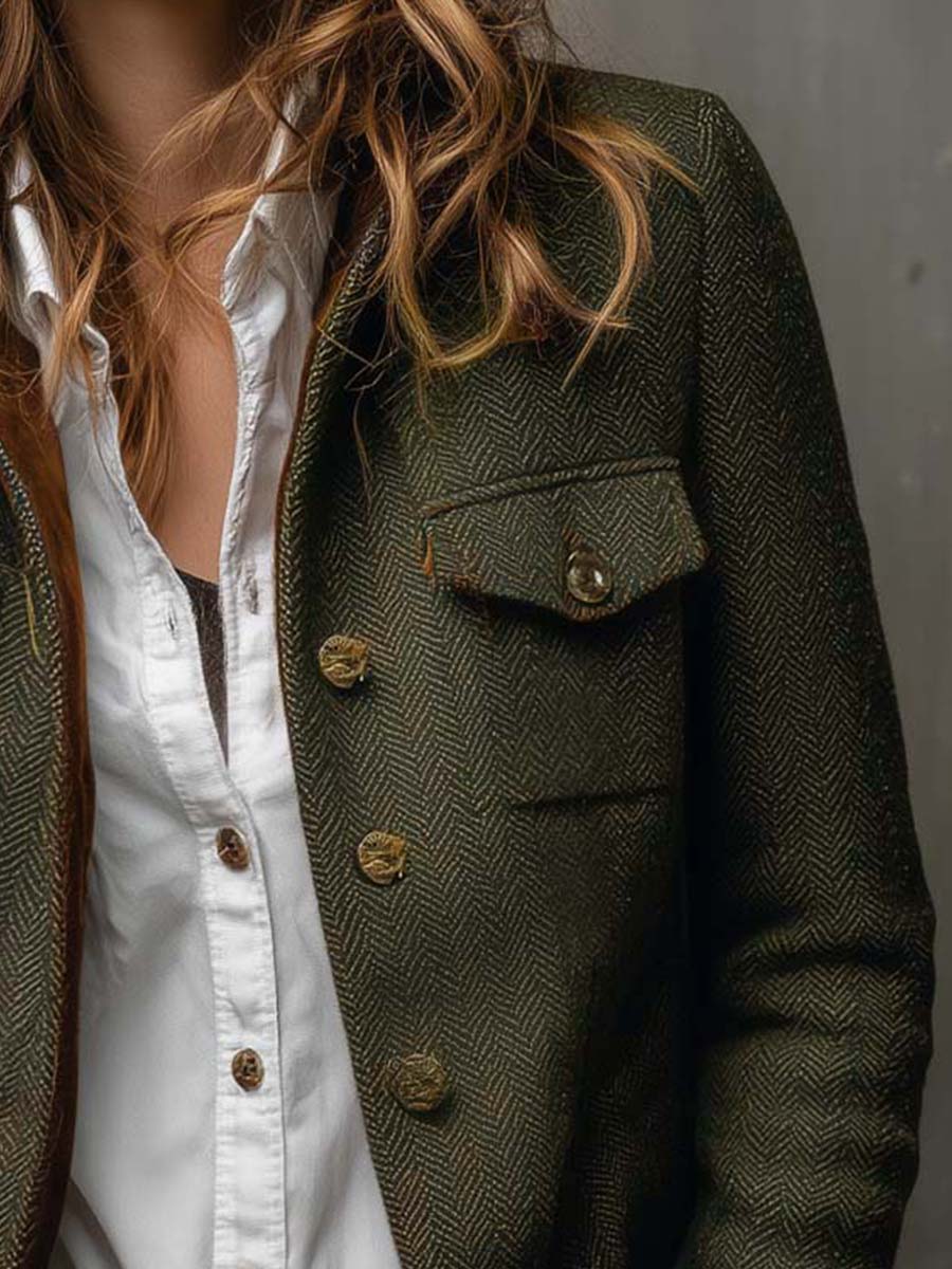 Honorine | Blazer Vintage Chevron con Ribete Contraste