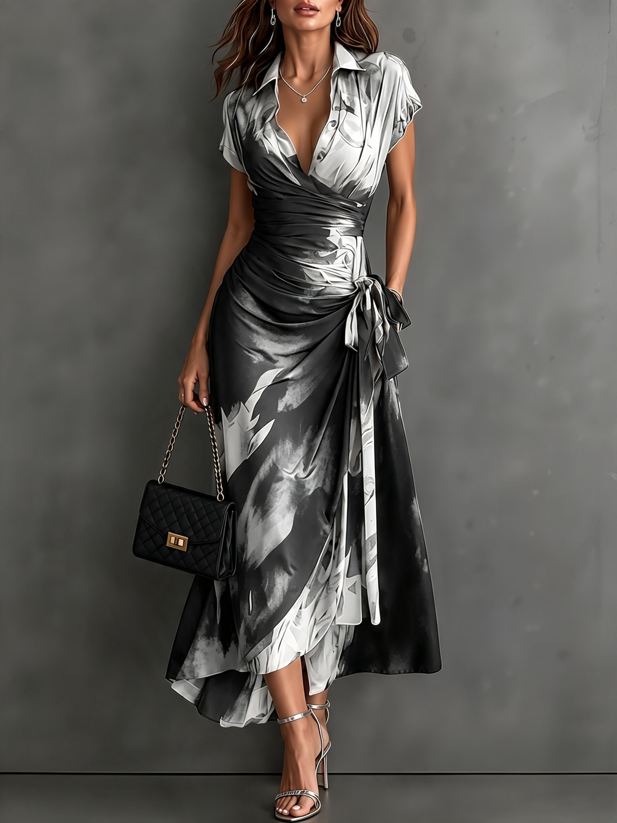 Vestido Midi Fiorella Cruzado en Estampado Acuarela Blanco y Negro
