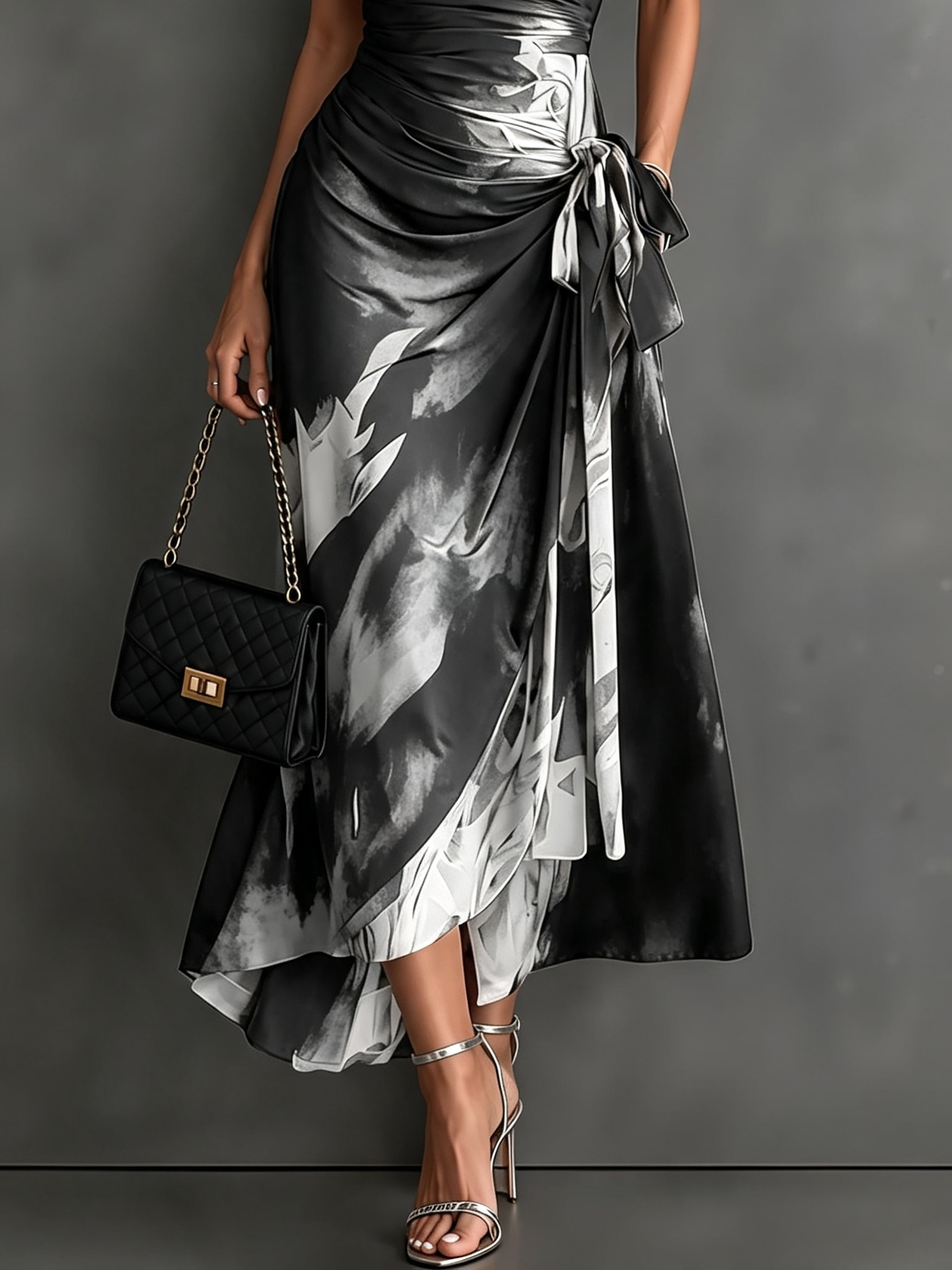 Vestido Midi Fiorella Cruzado en Estampado Acuarela Blanco y Negro