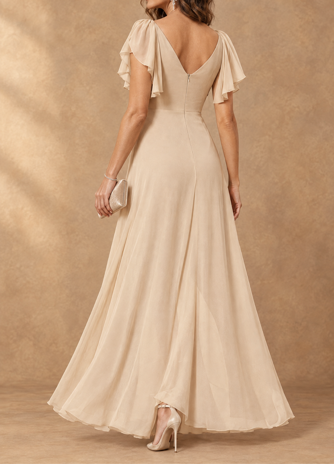 Denise Vestido Maxi de Gasa Asimétrico con Mangas Volantes