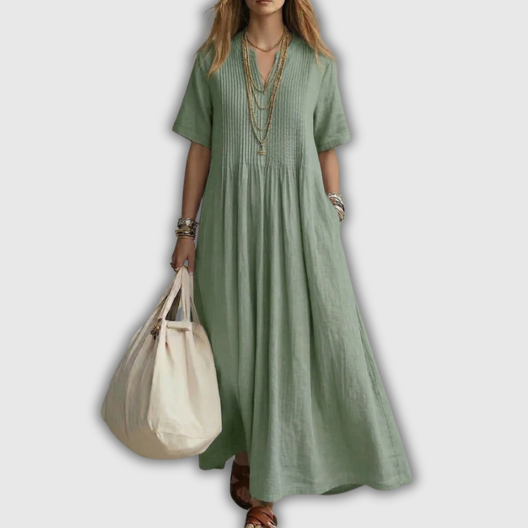 Elowen Vestido Maxi de Lino con Pliegues y Escote en V