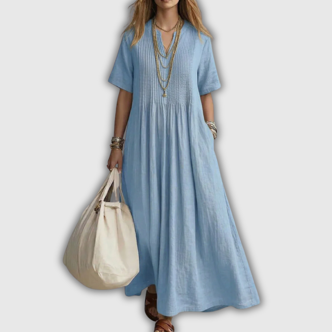 Elowen Vestido Maxi de Lino con Pliegues y Escote en V