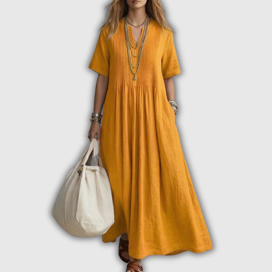 Elowen Vestido Maxi de Lino con Pliegues y Escote en V