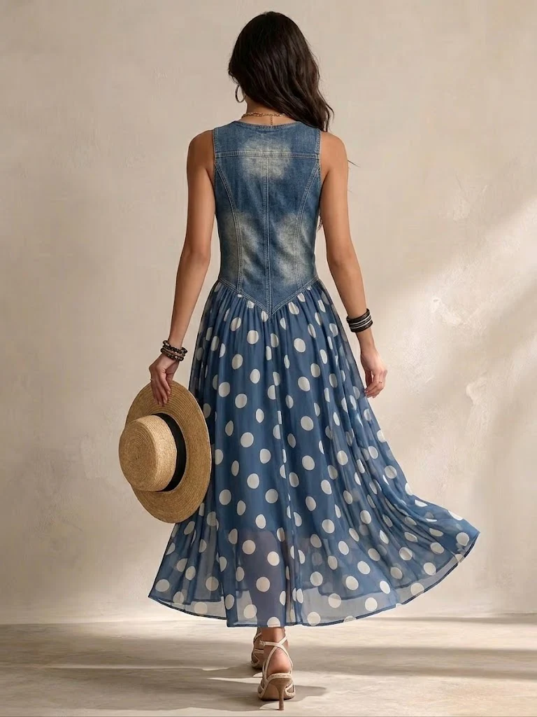 Brenda | Vestido de Top Denim y Falda de Chifón de Topos