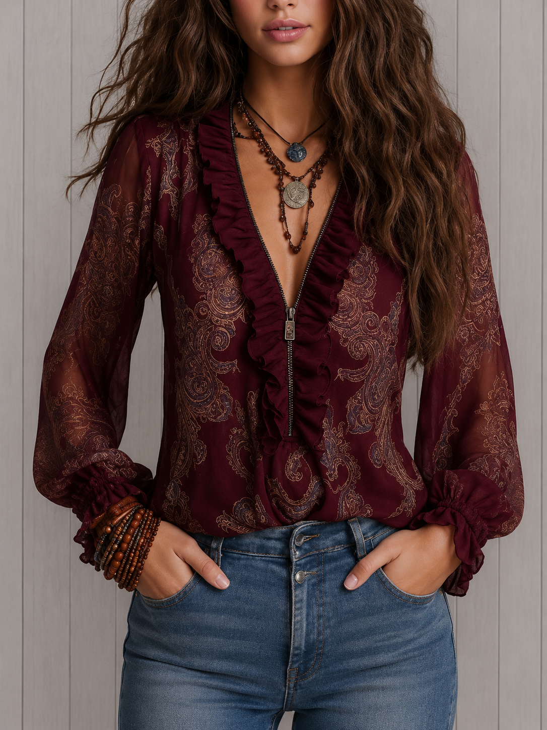 Elise Blusa de Cuello Volante con Estampado Paisley