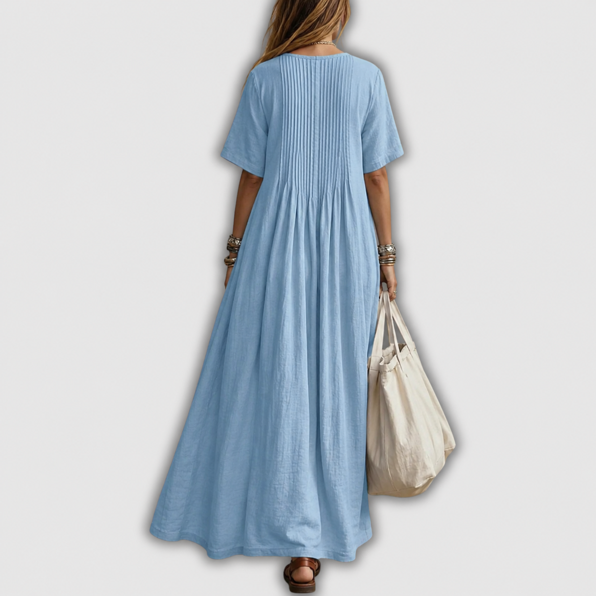 Elowen Vestido Maxi de Lino con Pliegues y Escote en V