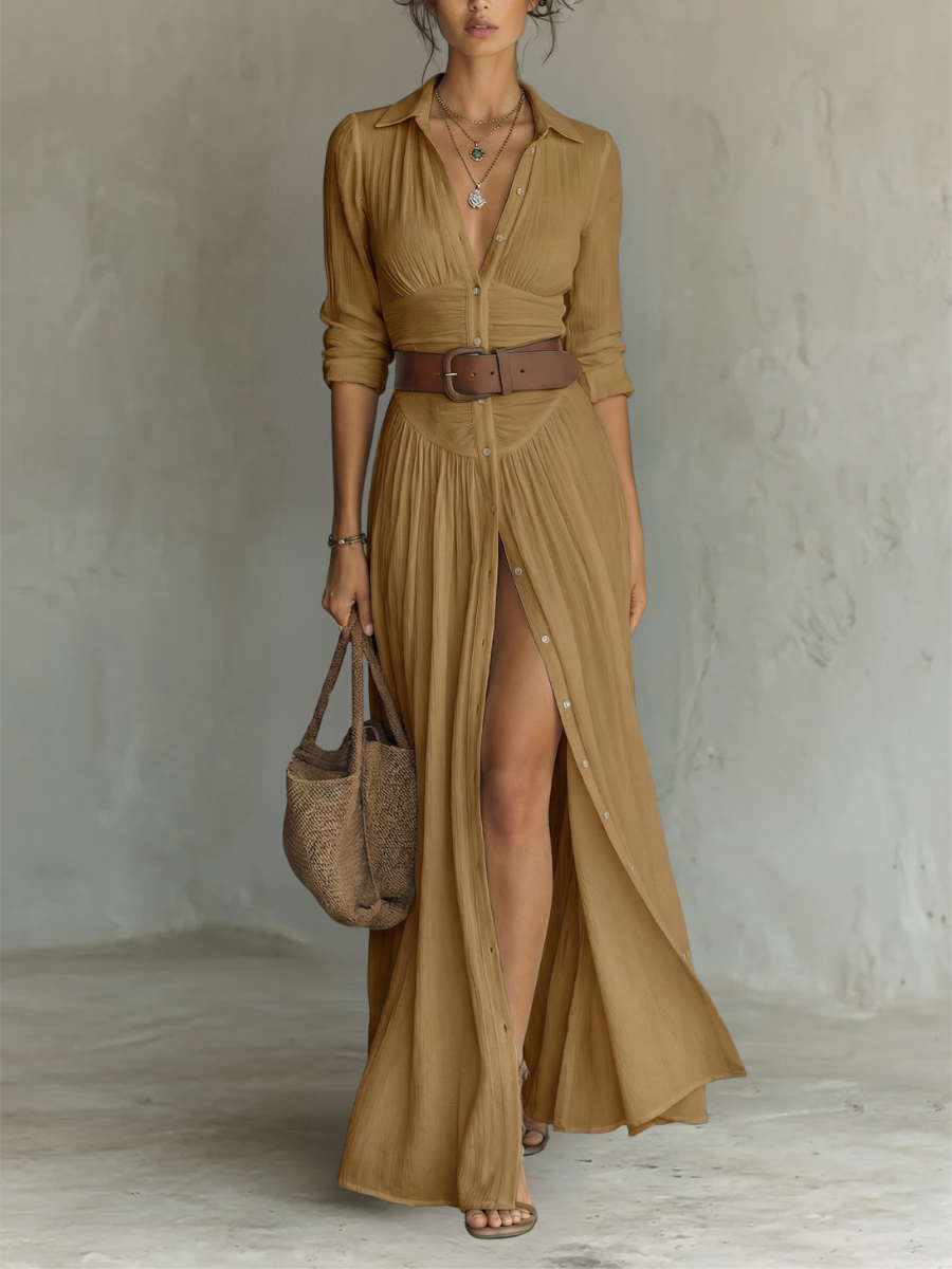 ESSENTIAL - Vestido Maxi Largo con Cuello Solapa y Manga Larga para Mujer