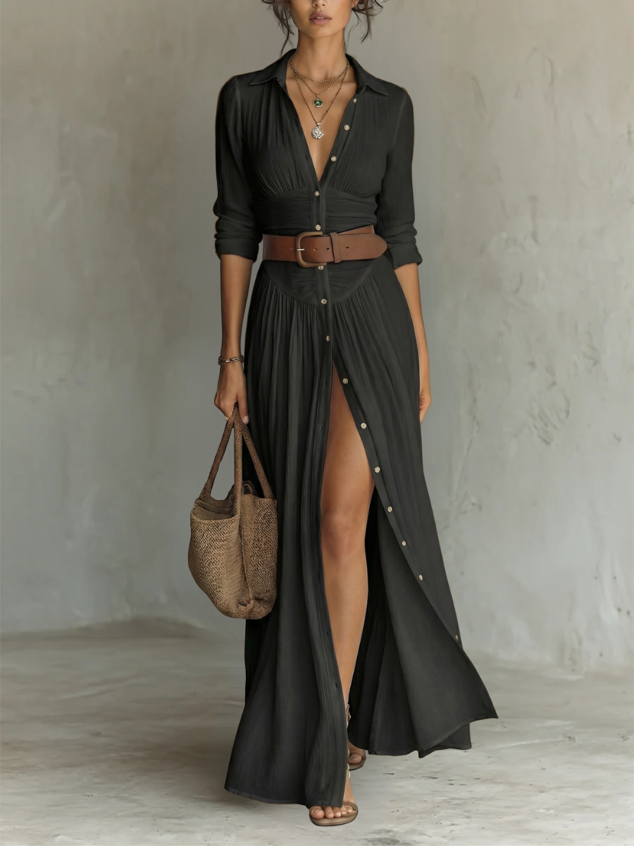 ESSENTIAL - Vestido Maxi Largo con Cuello Solapa y Manga Larga para Mujer