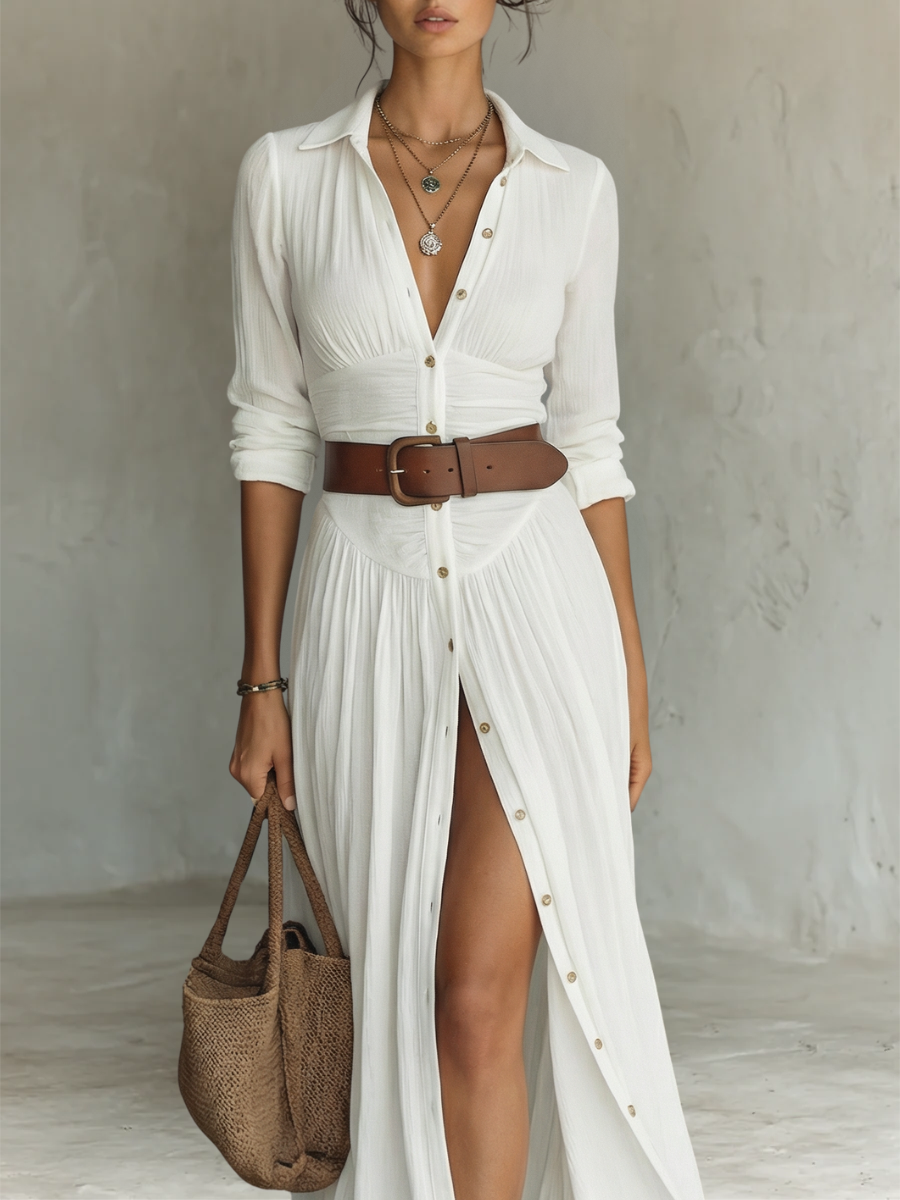 ESSENTIAL - Vestido Maxi Largo con Cuello Solapa y Manga Larga para Mujer