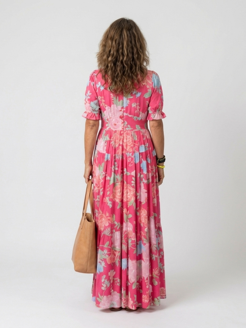 Ione | Vestido Midi Floral Cuello de Pico y Manga Corta
