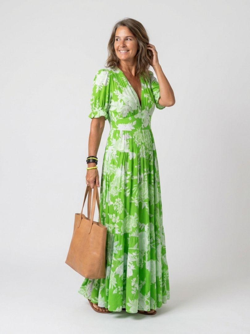 Ione | Vestido Midi Floral Cuello de Pico y Manga Corta