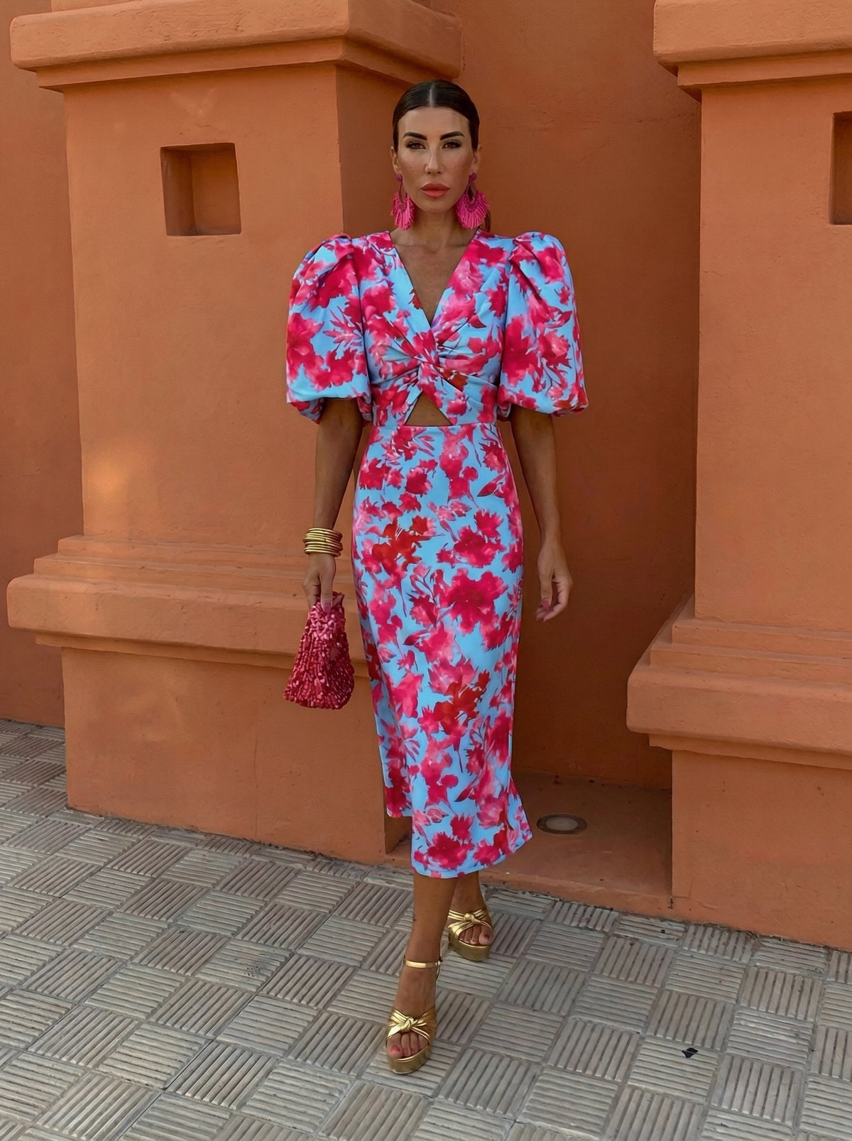 Carla Vestido Midi Estampado con Mangas Abullonadas