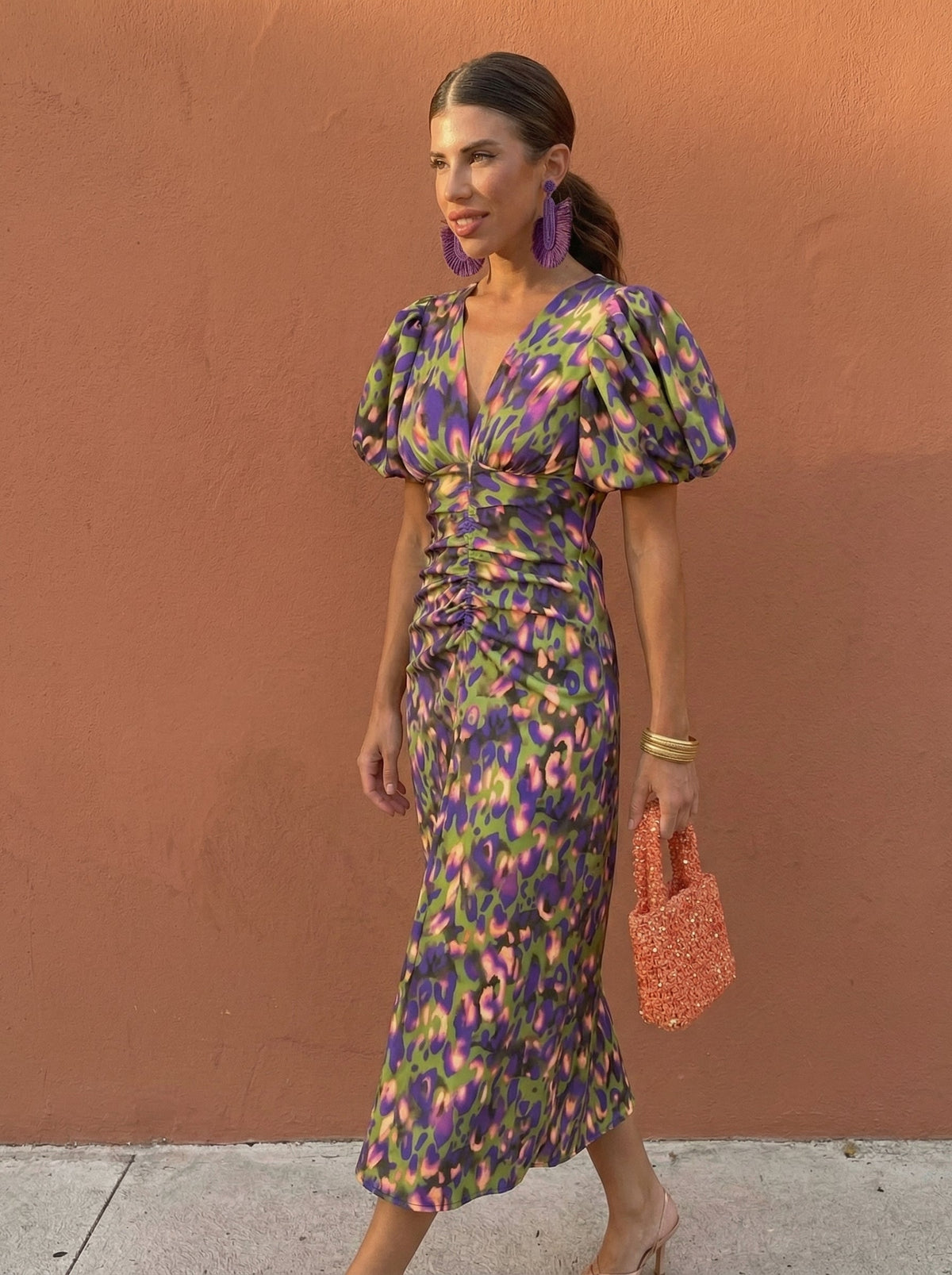 Carla Vestido Midi Estampado con Mangas Abullonadas