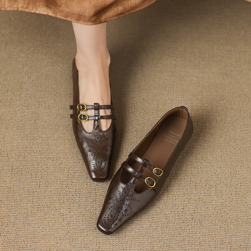 Ceyla | Bailarinas Mary Jane de Doble Correa con Perforado Brogue