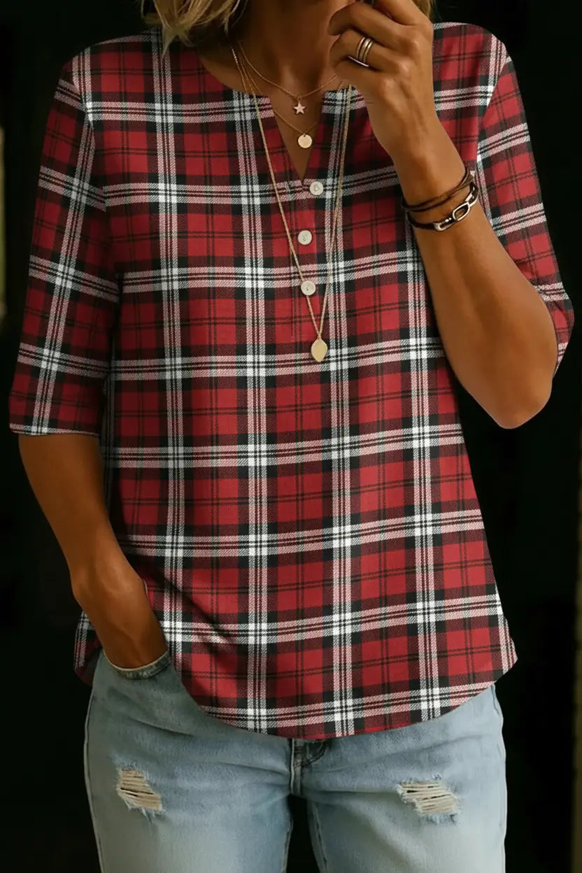 Alexa | Top Henley de Cuadros Rojos