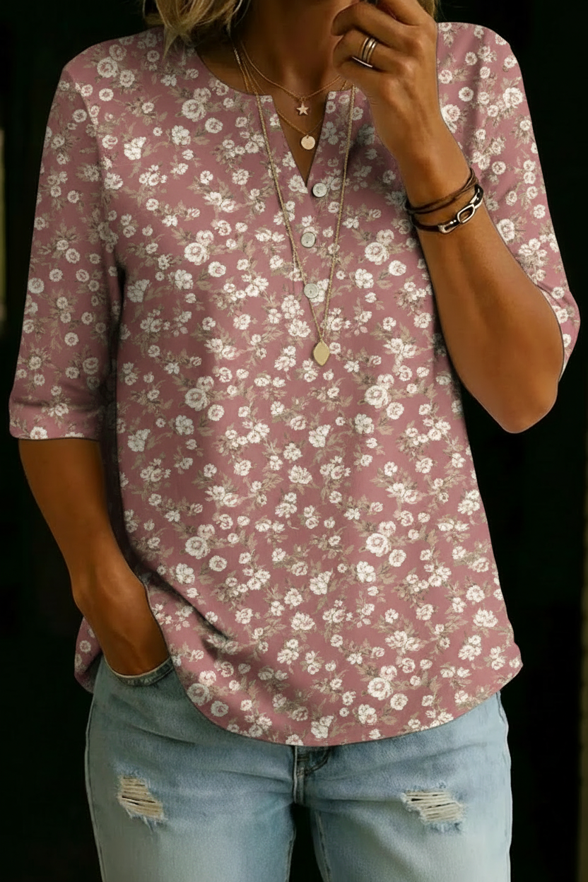 Gabriella | Top Henley Floral Rosa Empolvado