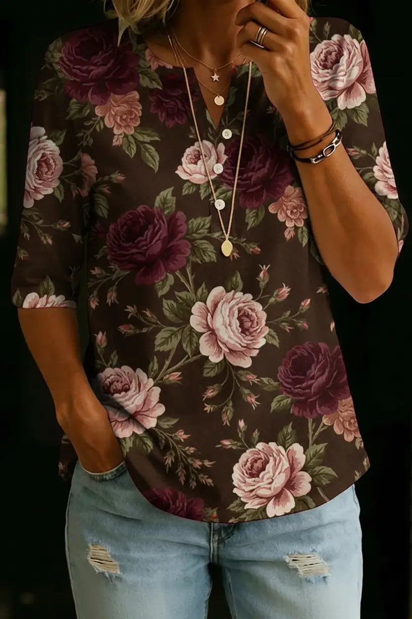 Alice | Top Henley Rosas Marrones